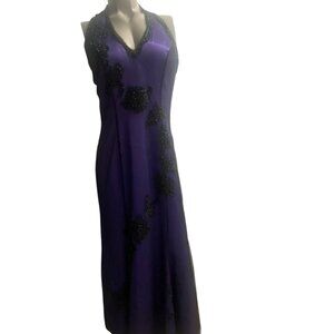 Vintage 90's‎ Grunge Morgan and Co. Purple Beaded Lace Halter Neck Gown
